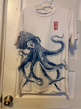 Large Blue Octopus Graphic Tee and Red Kanji Accent